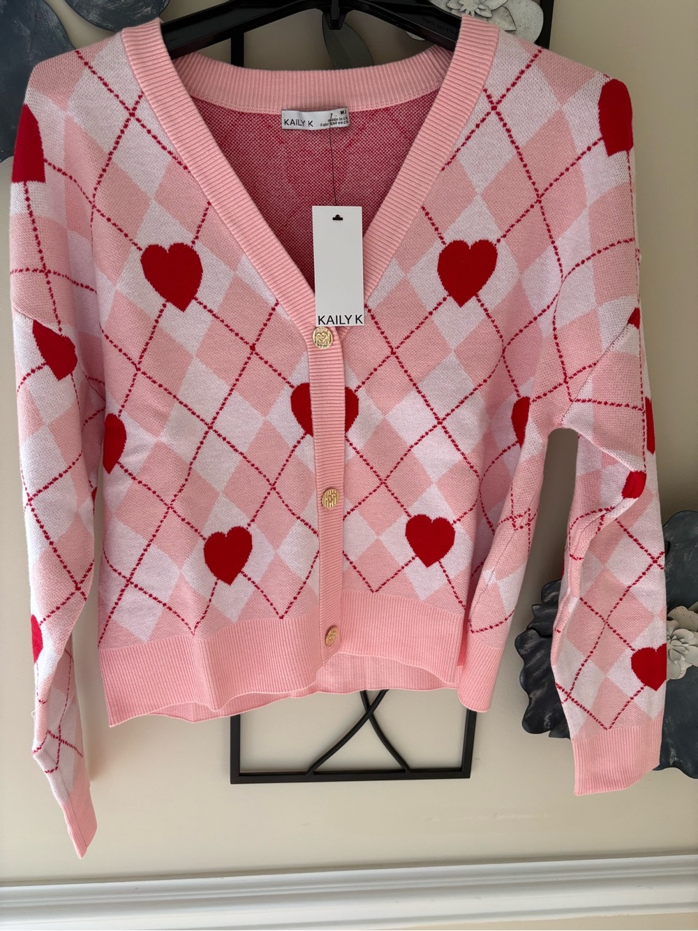 Pink Heart Argyle V-Neck Cardigan Sweater
